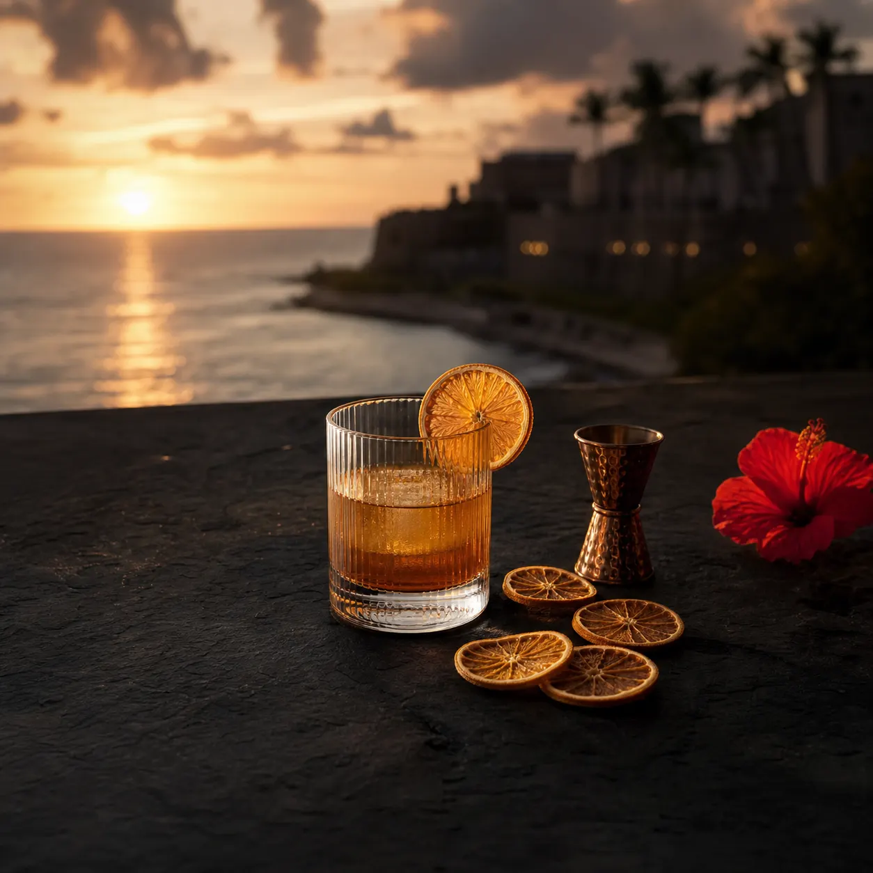 A citrus-garnished cocktail at sunset in Puerto Rico
