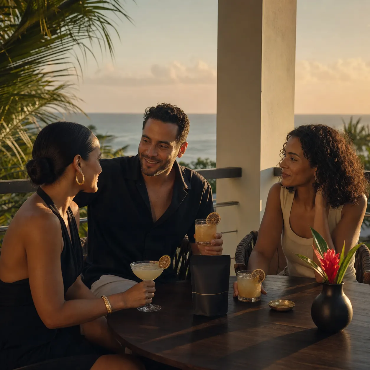 Friends sharing citrus-garnished drinks on a coastal terrace in Humacao