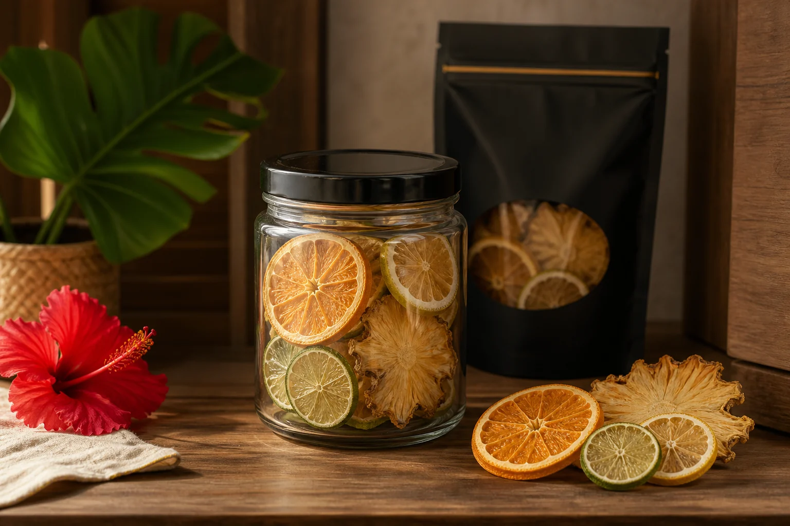 Frasco hermético cerrado con rodajas de naranja, lima, limón y piña deshidratadas en un espacio fresco y seco
