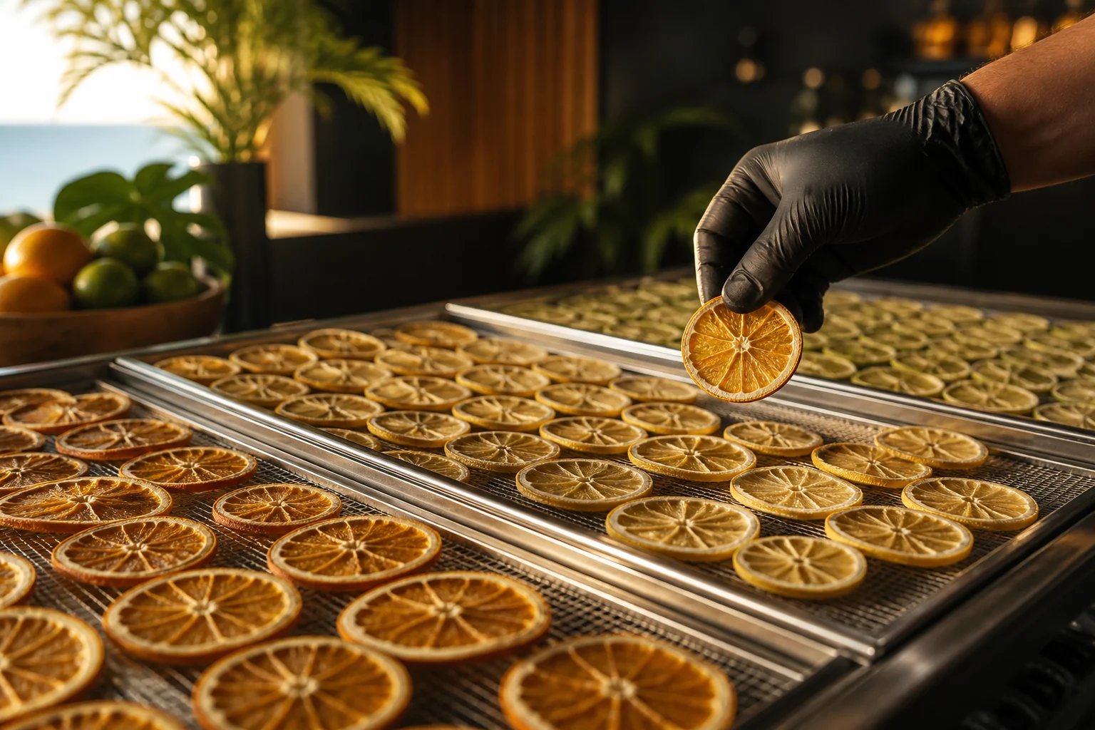 Inspección manual de una rodaja de naranja deshidratada sobre bandejas de cítricos en el taller