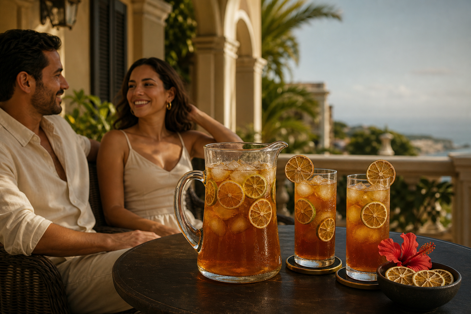 Pareja compartiendo una jarra de té frío con ruedas deshidratadas de limón y lima en una terraza puertorriqueña